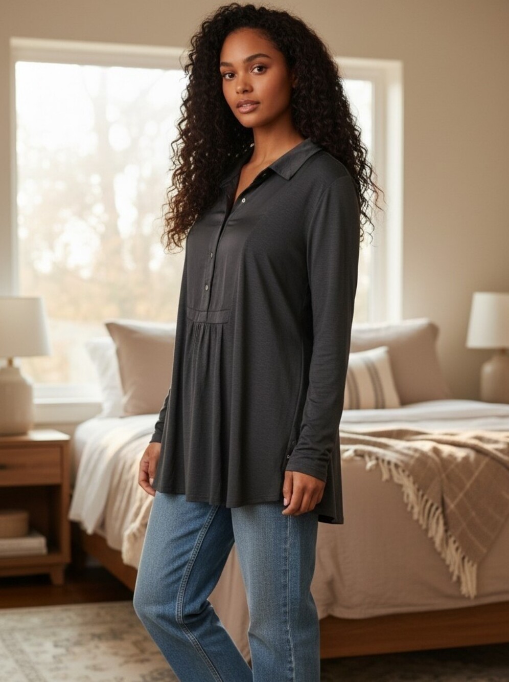 Lucky Brand Long Black Knit Top Loose Fit Size Medium